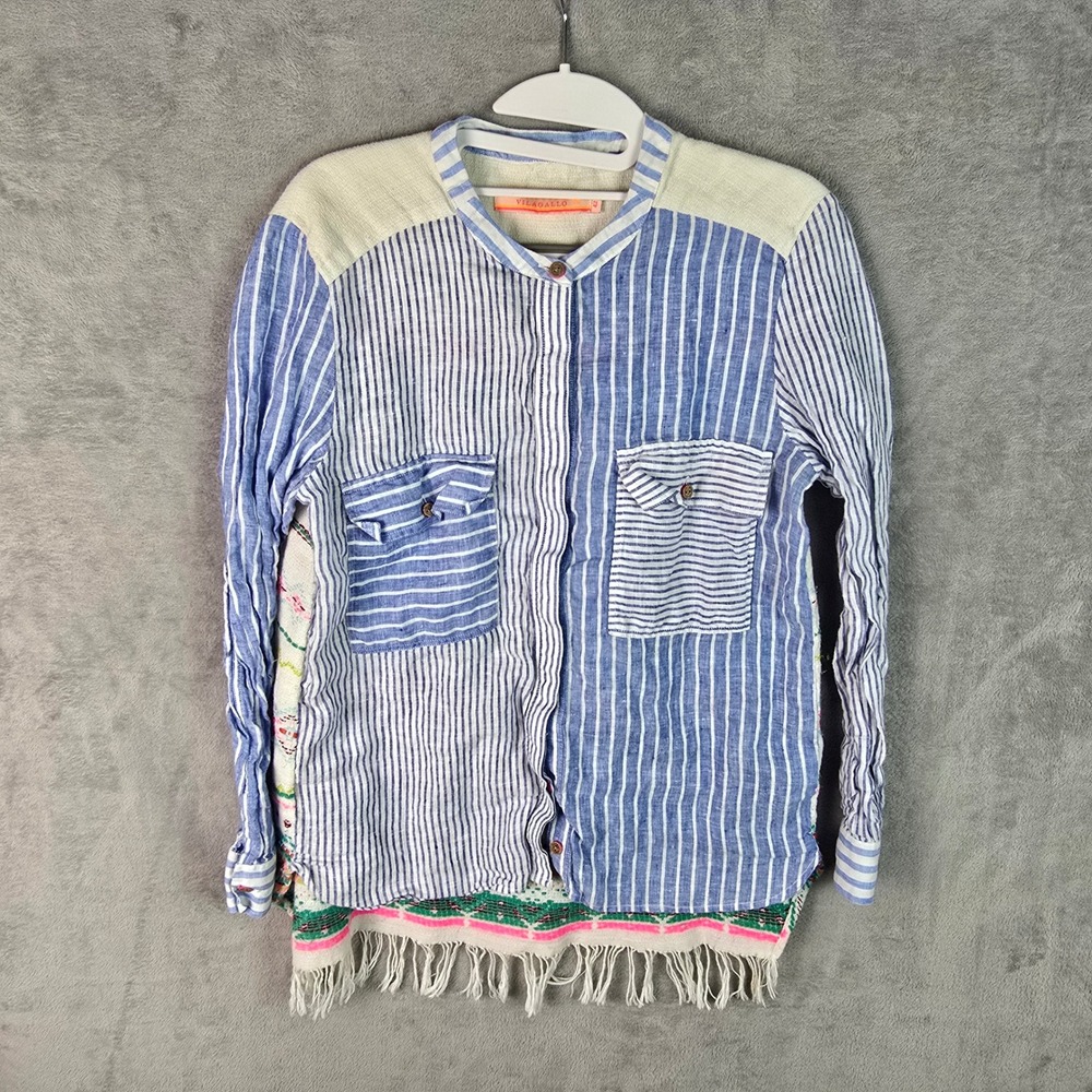 Vilagallo Blue White Striped Embroidered Fringe Linen Blend Shirt Size 42